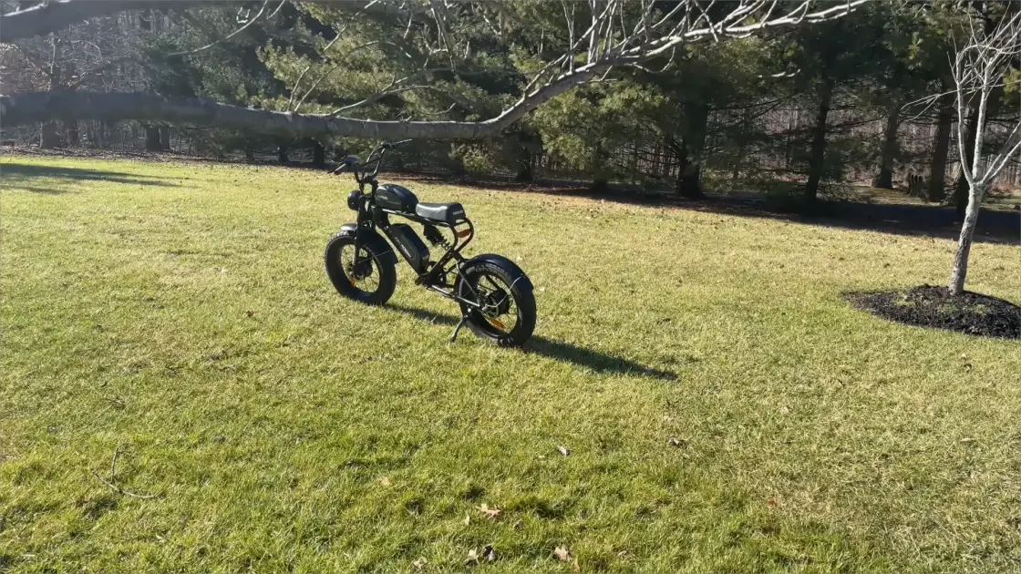 Fat tire electric bike parked on a city street for commuting