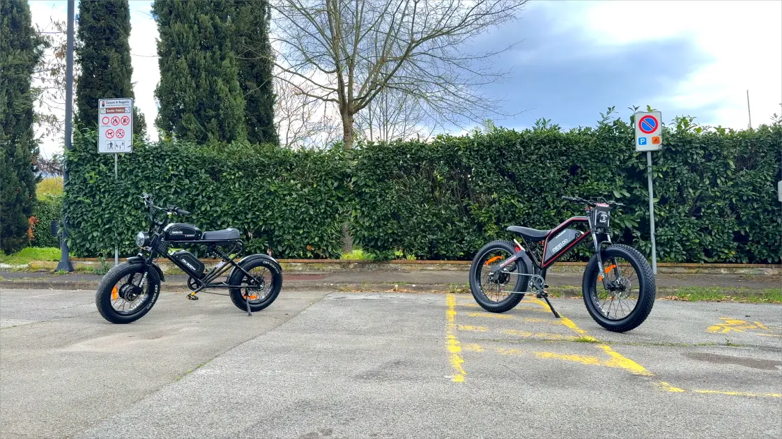 electric bike with mounted accessories on city road