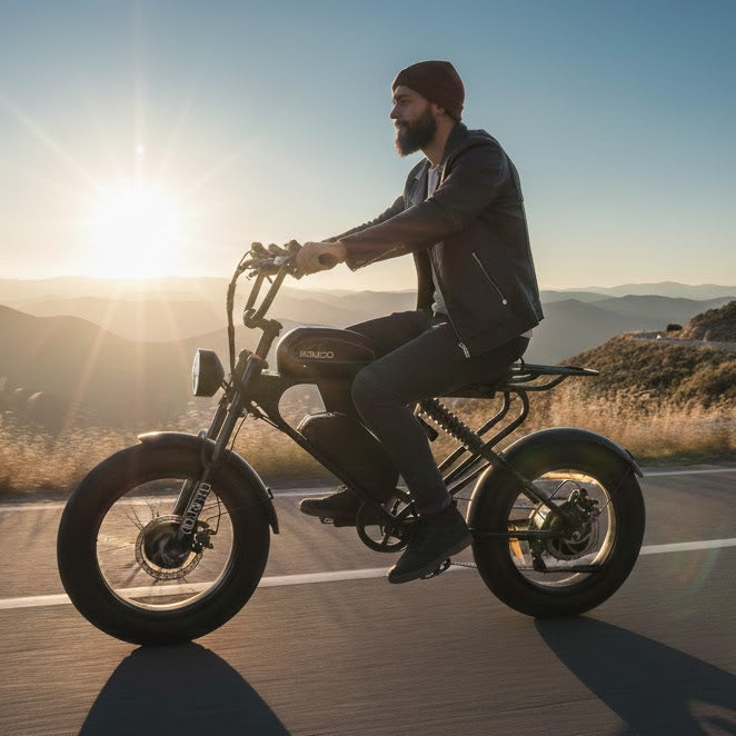 A man riding a Meelod DK300PRO on the road