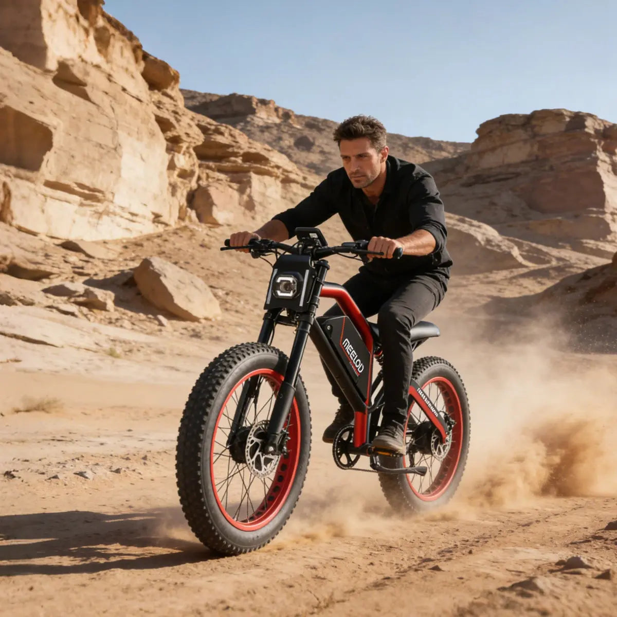 A man riding a Meelod XT600DL through the desert